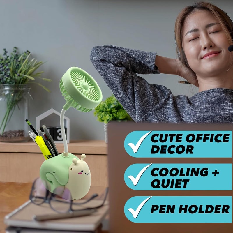 Ennotek Cute Snail Desk Fan with Pen Caddie – USB Plug‑In Table Fan with Strong Airflow & Small Backup Battery – Fun Office Desk Accessories for Home, School & Work (Green Snail) - Image 3